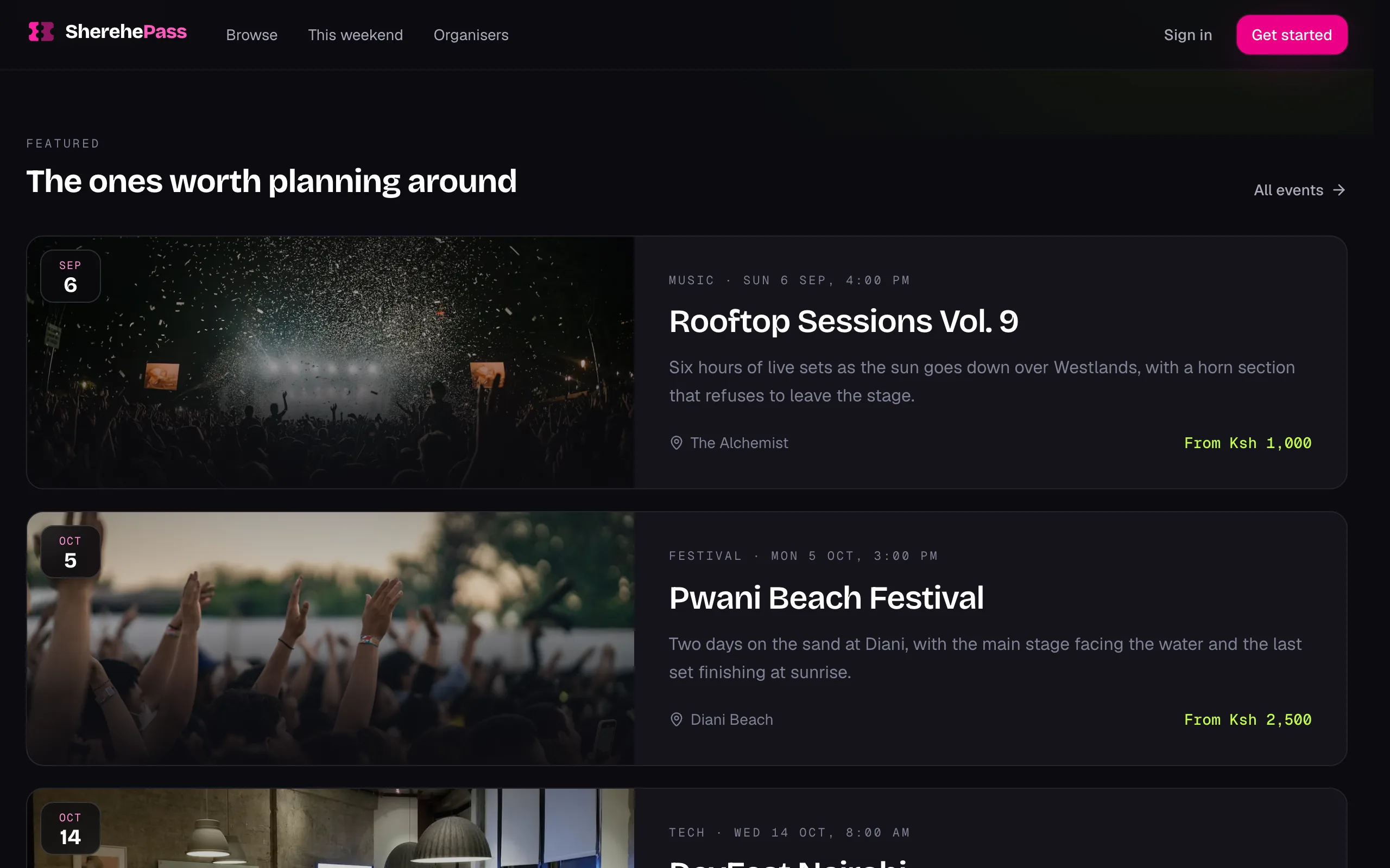 Screenshot of SherehePass: Ticketing, built with Next.js, React, PostgreSQL, Prisma.